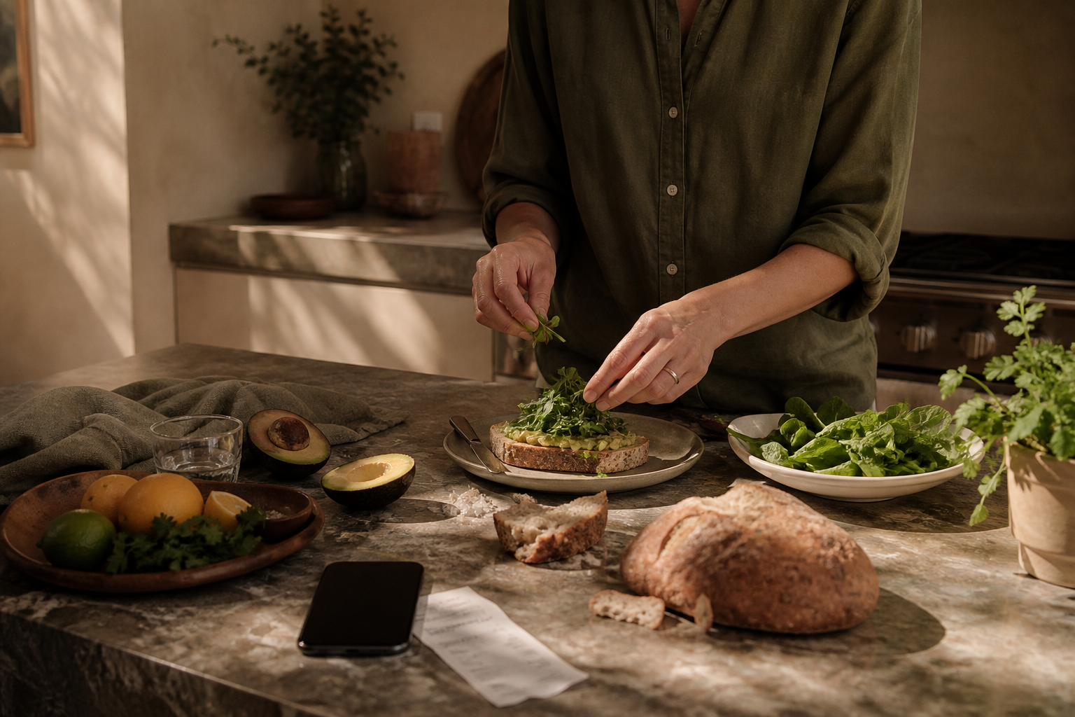 A person preparing avocado toast with fresh greens in a warm home kitchen