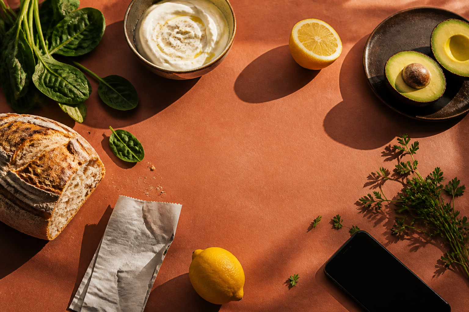 Fresh pantry ingredients arranged on a terracotta table